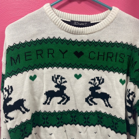 Simple Brand/ Festive Green and White Reindeer Sweater - Picture 2 of 6